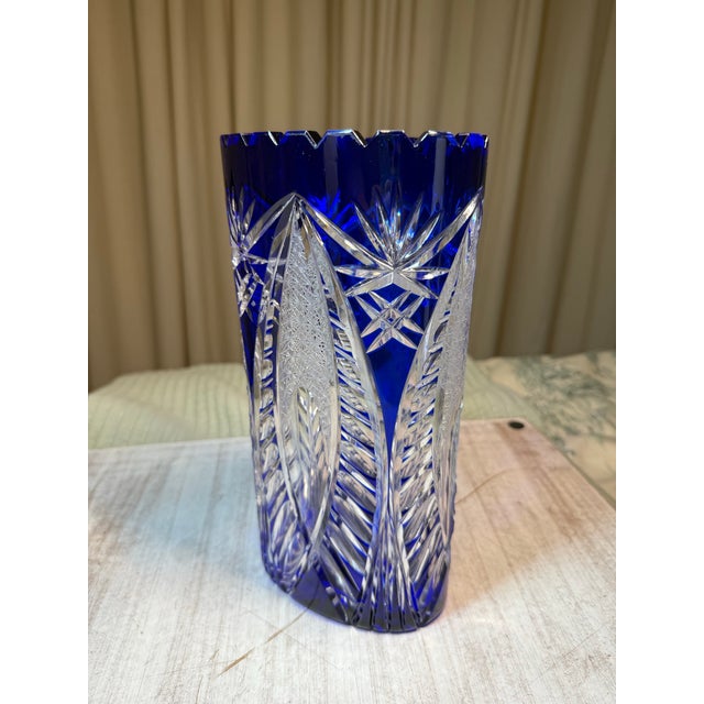1960s 1960s German Cut to Clear Cobalt Oval Starburst Vase For Sale - Image 5 of 12