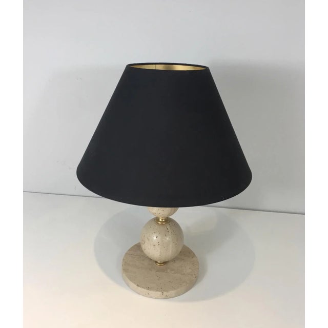 Metal 1970s French Travertine and Brass with Black Shintz Gilt Inside Table Lamp For Sale - Image 7 of 13