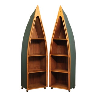Vintage Pair Tall Canoe Boat Bookcases For Sale