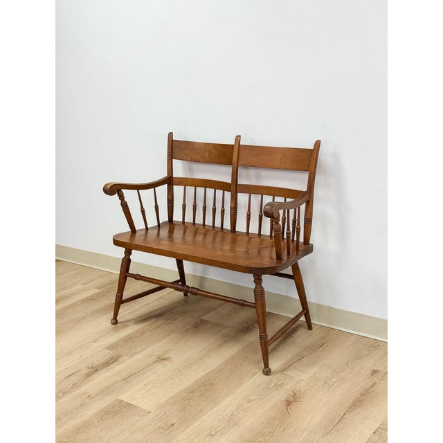 Brown Vintage Maple Spindle Two-Seat Bench Double Crest Turned Legs Farmhouse For Sale - Image 8 of 18