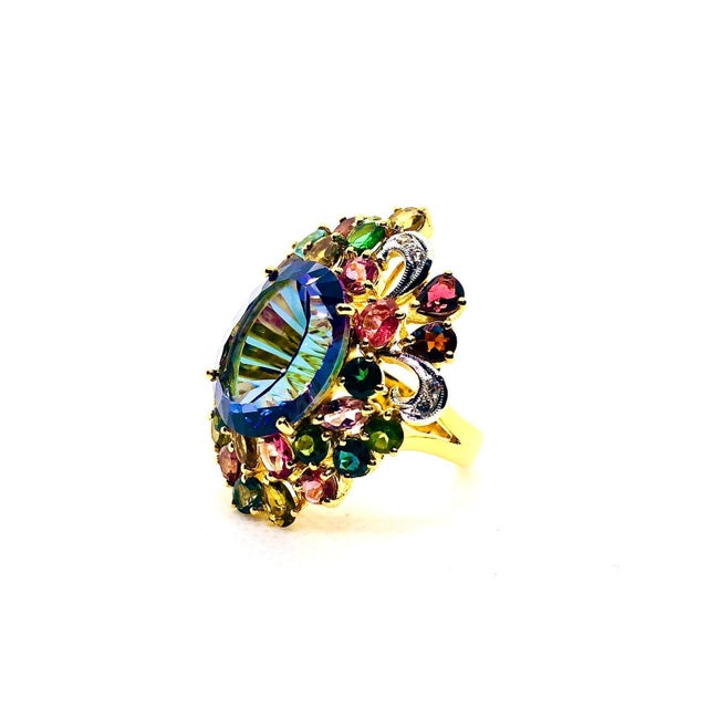Gemstone Bochic “Capri” Vintage Multi Sapphire, Amethyst & Diamond Ring Set In 18K Gold & Silver For Sale - Image 7 of 7