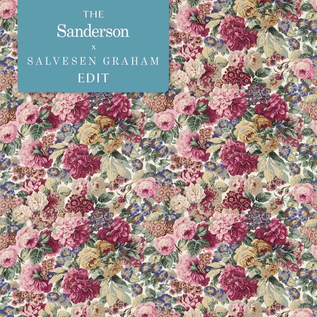 Sanderson Rose & Peony Fabric in Red/Green/Gold For Sale