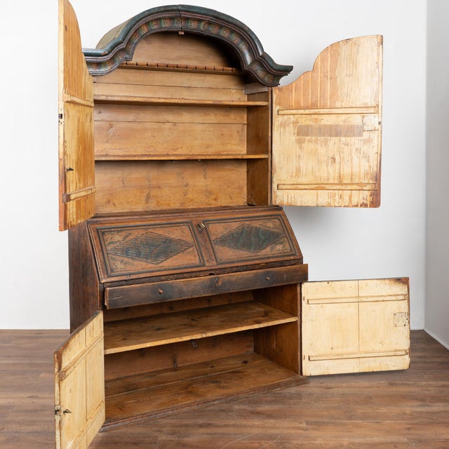 19th-century Swedish pine secretary or "bureau" retaining its original "Allmoge" painted decoration, dated 1850 with...
