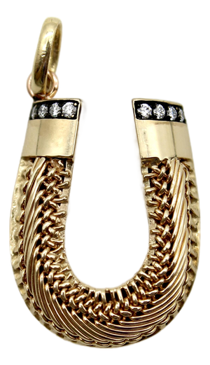 Late 19th Century Victorian 14k Gold Intricate Woven Wirework Horseshoe Pendant With Diamonds