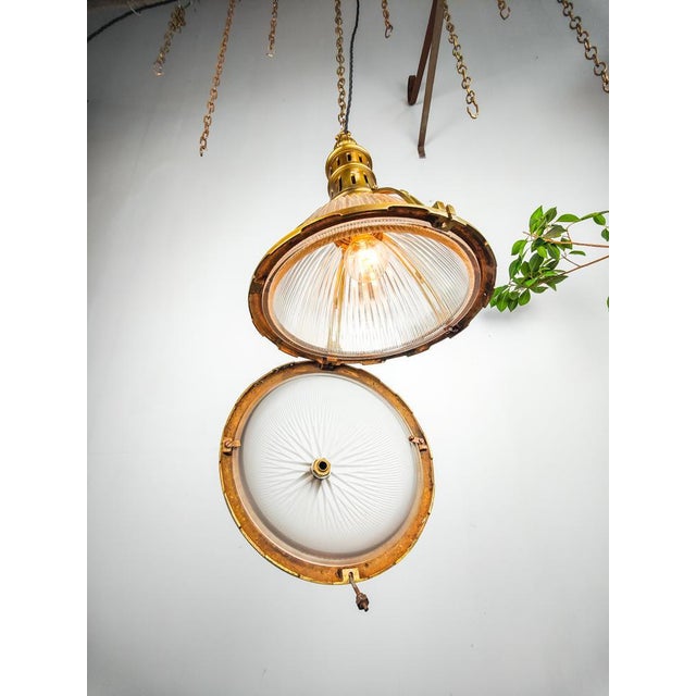 Brass 2 Part Glass Holophane Pendant Light, Belgian, 1890s For Sale - Image 6 of 7