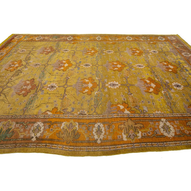 Vintage Arts and Crafts Style Golden Ochre Wool Rug With Stylized Floral Motif For Sale - Image 10 of 11