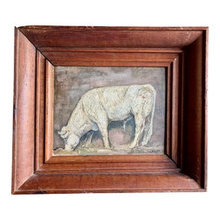 American Folk Art Oil Painting of a White Cow or Bull Signed Graves and Dated 1931 For Sale