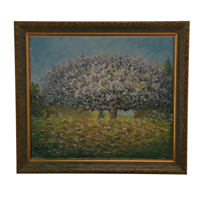 Blossom in the Meadow" is a vibrant oil on canvas painting by H. Fox, measuring 28" x 26". The artwork captures a serene...