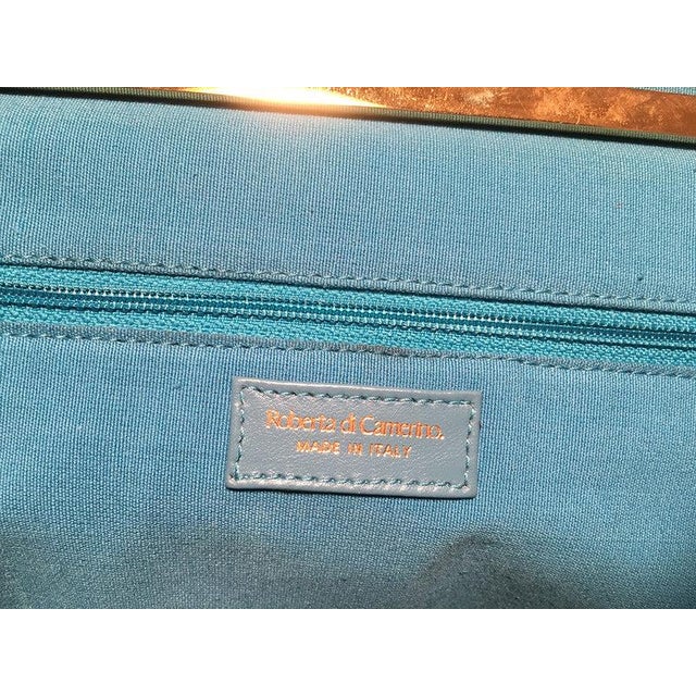 Animal Skin Late 20th Century Roberta DI Camerino Blue Linen Handbag For Sale - Image 7 of 8