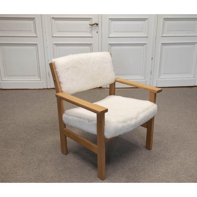 Oak Armchair with White Sheep Fur Upholstery by Hans J. Wegner, 1980s For Sale - Image 11 of 12