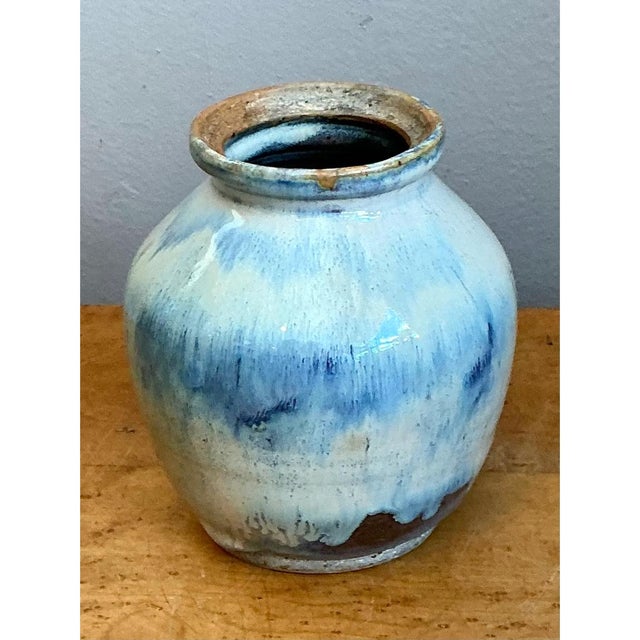 Contemporary Vintage Blue and White Pottery Vase For Sale - Image 3 of 12