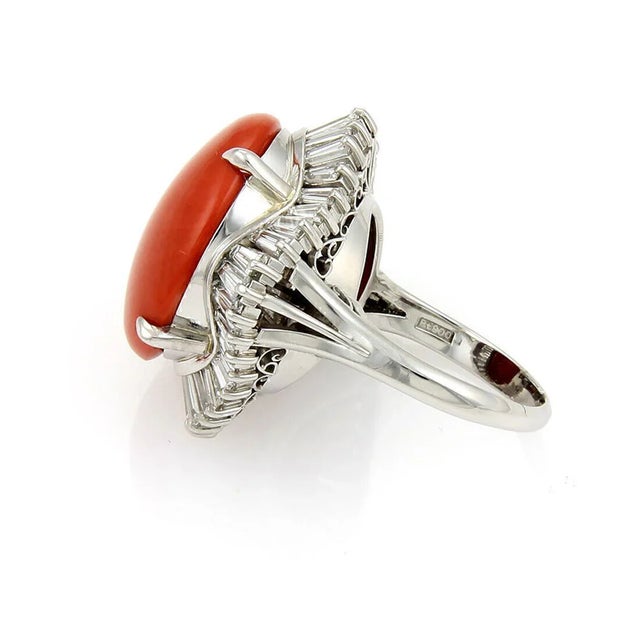 Platinum Baguette Diamonds & Coral Cocktail Ring - Size 7.75 For Sale In Miami - Image 6 of 7