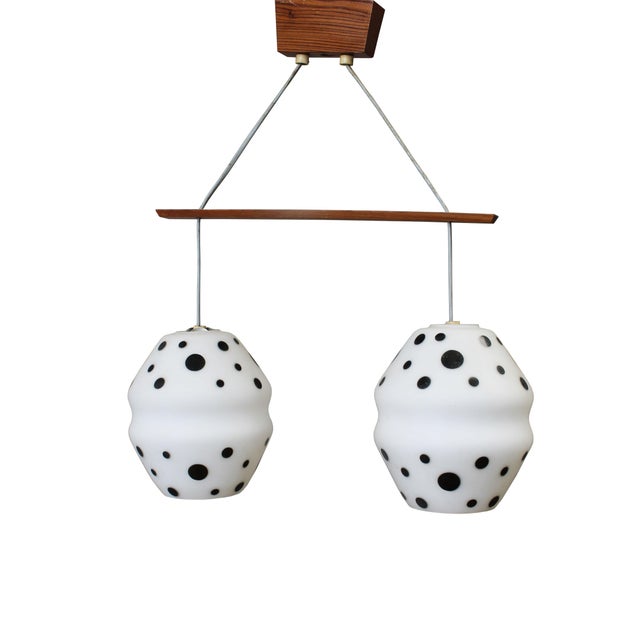 Vintage Czechoslovak Double Pendant Light in Spotted Opaline Glass and Wood, 1960s For Sale - Image 10 of 10