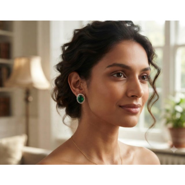 Metal Natural 7cts Emerald & 0.43cts Diamond Earring in 14k Gold For Sale - Image 7 of 8