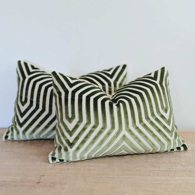 Schumacher Vanderbilt Velvet Lumbars in Lettuce Green For Sale In Greensboro - Image 6 of 6