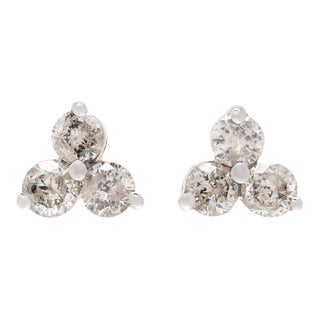 1ctw Diamond 3 Stone Stud Earrings, 14k White & Yellow Gold, Length 7.6 Mm For Sale