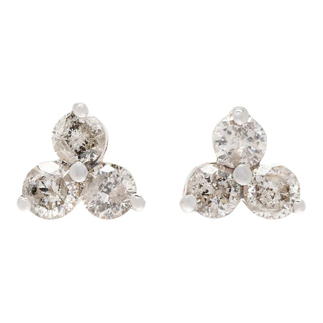 1ctw Diamond 3 Stone Stud Earrings, 14k White & Yellow Gold, Length 7.6 Mm For Sale