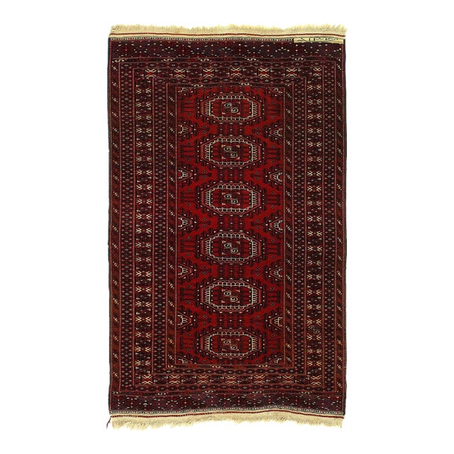 1960s Red Color Fine Hand Knotted Russian Turkman Rug For Sale
