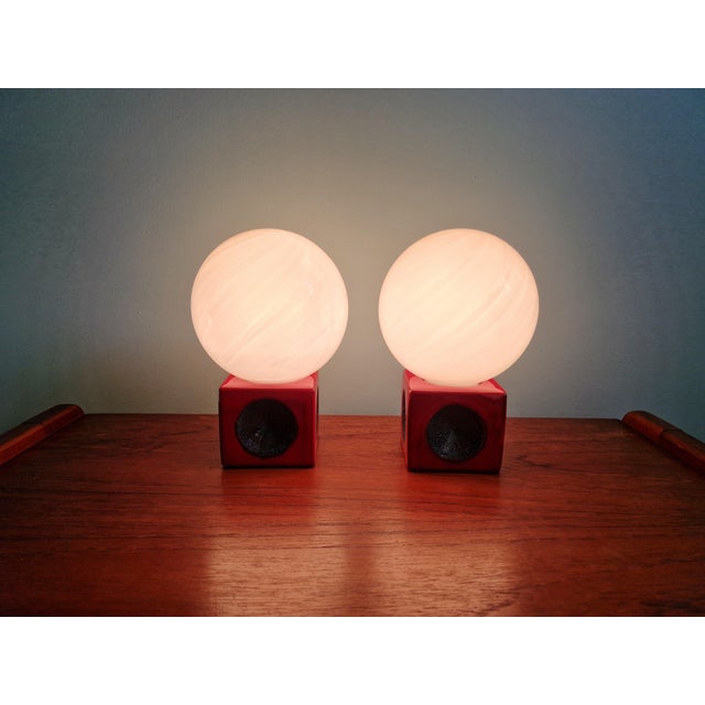 Red Ceramic Bedside Lamps with Opaline Glass Globes, 1970s, Set of 2 For Sale - Image 10 of 14