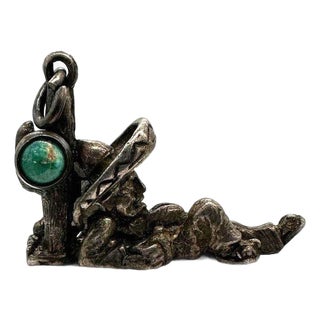 Vintage Southwest Cowboy& Cactus Sterling Silver Charm W/ Turquoise Gem For Sale