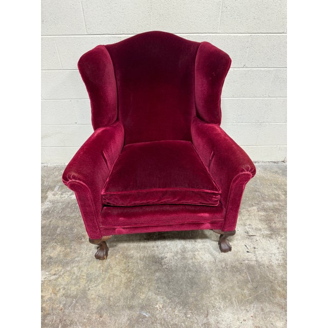 Vintage wing chair wine colored mohair upholstery. Probably from the 40s. Amazing condition. Great forma library or “Ralph...