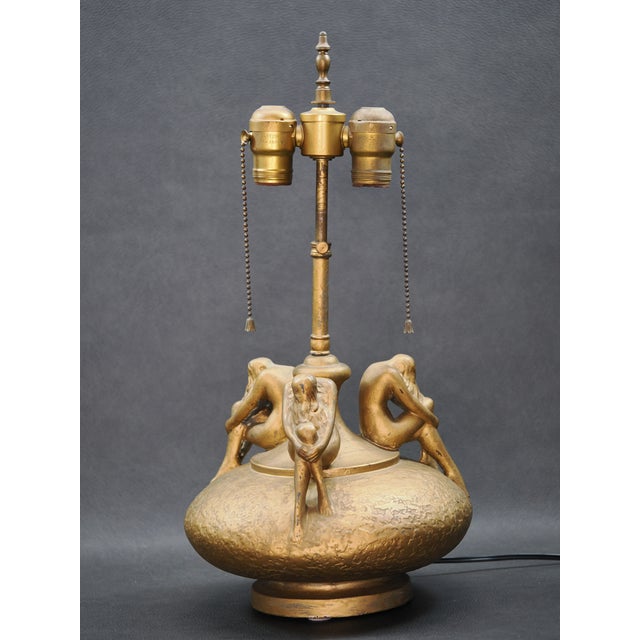 1930s Art Deco Signed Olive Kooken Figural Nude Women Bronze Over Plaster Table Lamp For Sale - Image 16 of 17