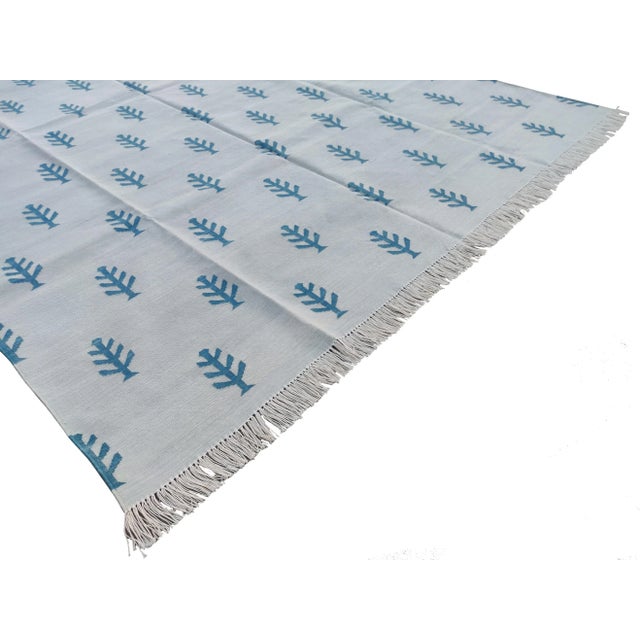 Handmade Pale Aqua and Teal Blue Cotton Tree Pattern Rug - 8x10 For Sale - Image 6 of 11