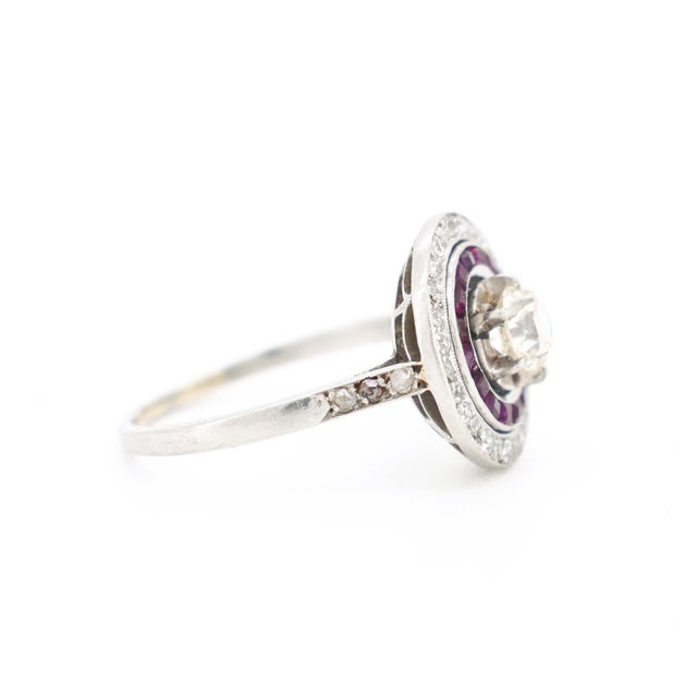 Metal Circa 1930 Antique French Art Deco Engagement Ring, Platinum, Diamonds, and Ruby Halo For Sale - Image 7 of 9