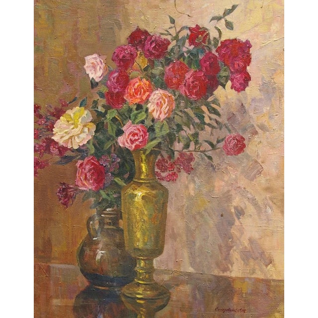 Original Roses Oil Painting, Antique Still Life, Soviet Ukrainian Art 80-64 For Sale