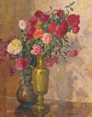 Original Roses Oil Painting, Antique Still Life, Soviet Ukrainian Art 80-64