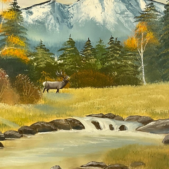 Mid-Century Rustic Americana Elk Wildlife & Scenic Mountain Steam Oil Painting, Signed J. Dirks For Sale - Image 6 of 14