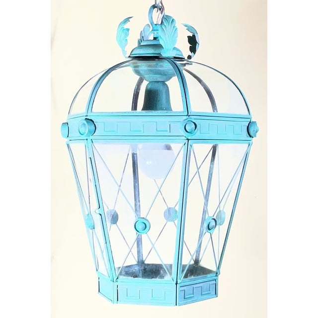 Vintage Style Solid Brass Verdigris Hanging Lantern - Restored & Rewired For Sale - Image 13 of 13