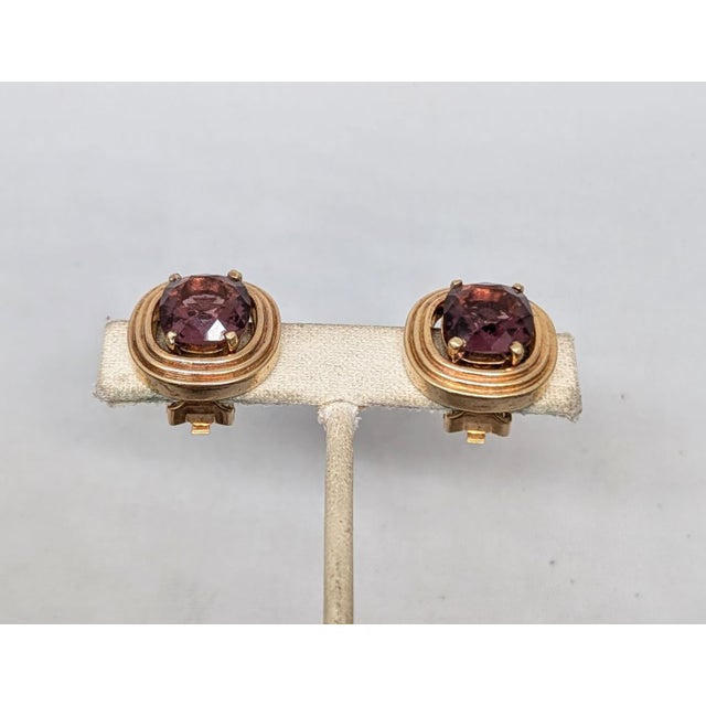 Vintage 1980s Signed Henkel & Grosse Goldtone Faux-Amethyst Clip Earrings-2 Pieces For Sale - Image 9 of 10