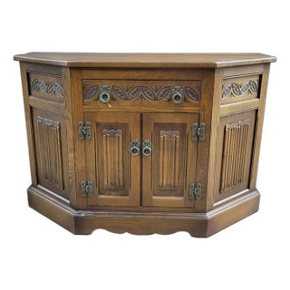 Small Oak Sideboard With Carving and Paneled Doors For Sale