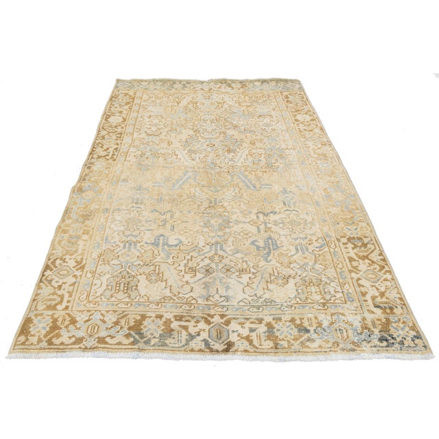 1940s Vintage Hand-Knotted Oushak Wool Rug With Soft Blue Accent & Muted Neutral Tones For Sale - Image 5 of 8