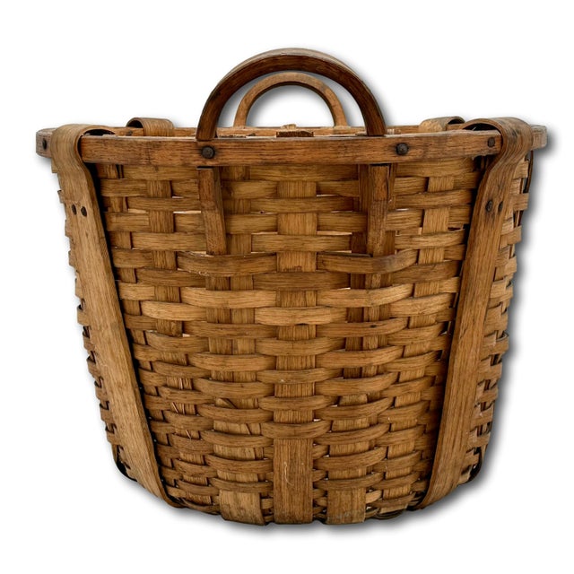 Large Size Substantially Made Antique American Hand Woven Ash Wood Splint Maine Apple Farm Basket For Sale - Image 10 of 18