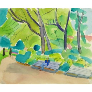 Madeleine Scali, Vintage French Watercolor - Paris Park For Sale