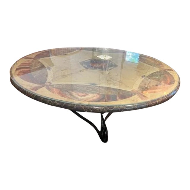 1970s Large 5ft Indoor Outdoor Patio Dining Table Iron Base Glass Top For Sale
