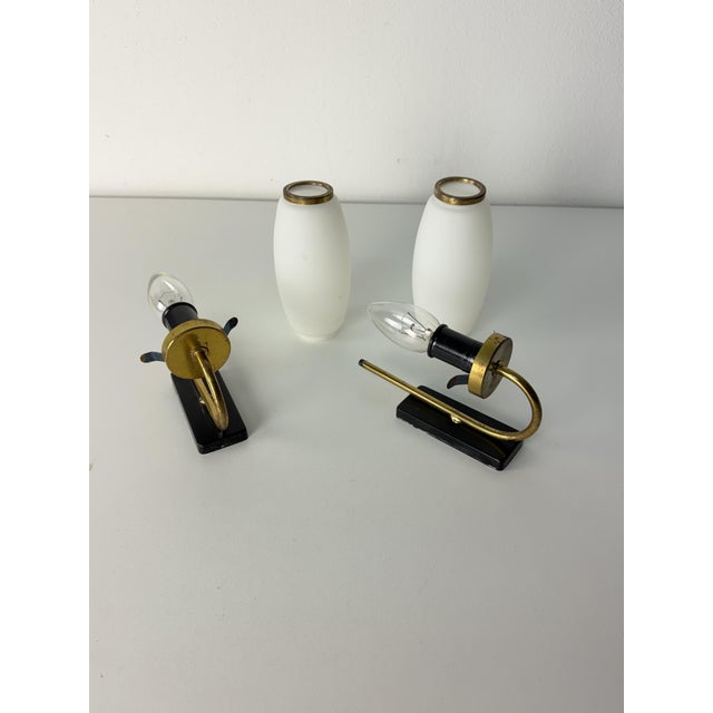 Gold Vintage Opal Glass and Brass Wall Lamps, 1950s, Set of 2 For Sale - Image 8 of 12