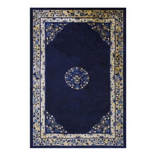 1900s Wool Rectangle Antique Blue Chinese Peking Hallway Runner Knotted Rug For Sale