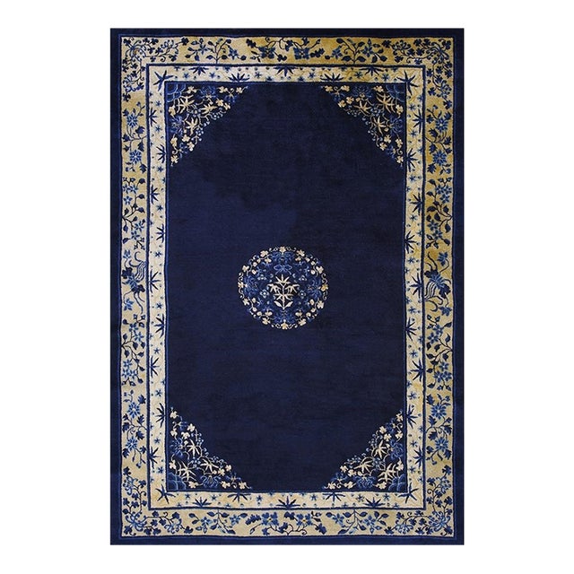 1900s Wool Rectangle Antique Blue Chinese Peking Hallway Runner Knotted Rug For Sale