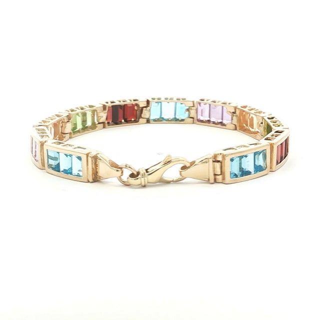 Vintage 14k Yellow Gold Multi Semi-Precious Colored Stone Link Bracelet For Sale - Image 4 of 5