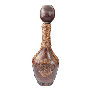 Mid 19th Century Leather-Wrapped Glass Decanter With Heraldic Crest, Western Lodge Style For Sale