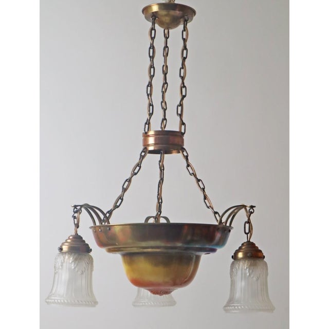 Gold Danish Art Nouveau Chandelier in Brass, Copper and Ceramic, 1910s For Sale - Image 8 of 18