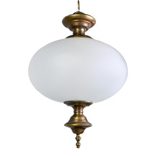 Mid Century White Glass Pendant Fixture With Bronze Fittings For Sale