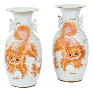 Pair Large Chinese Iron-Red Foo Dog Vases, 20th Century