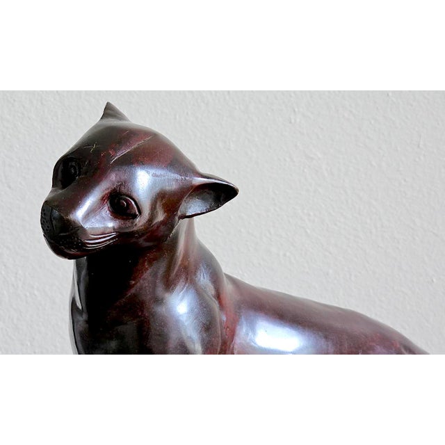 Art Deco Style Patinated Bronze Charging Panther Sculpture on Tiered Base – Hollywood Regency Statement Piece For Sale - Image 9 of 17