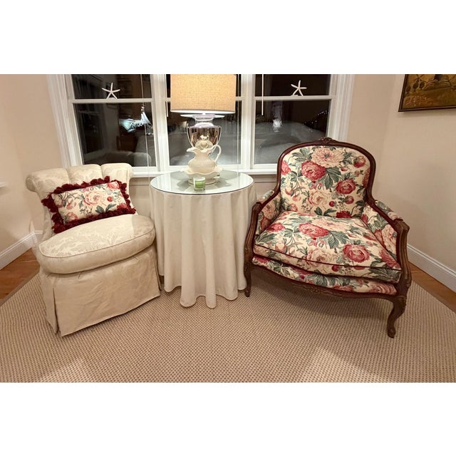 Custom Scallop Backed, Skirted Slipper Chairs in Cloud Dancer Damask, a Pair For Sale - Image 4 of 18