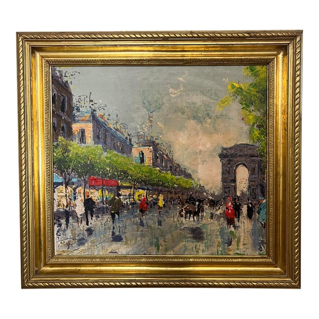 Mid 20th Century Post Impressionist Oil on Canvas Painting of Paris Streets With Arc De Triomphe in the Style of Antoine Blanchard, Unsigned, Framed For Sale