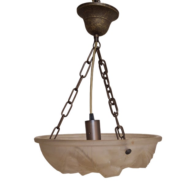 Art Deco French Ceiling Lamp with Matt Pressed Glass Shade & Floral Decoration on Brass Mount by J. Mougin For Sale